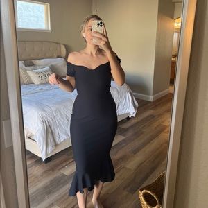 How Much I Care Midnight Blue Off-the-Shoulder Midi Dress